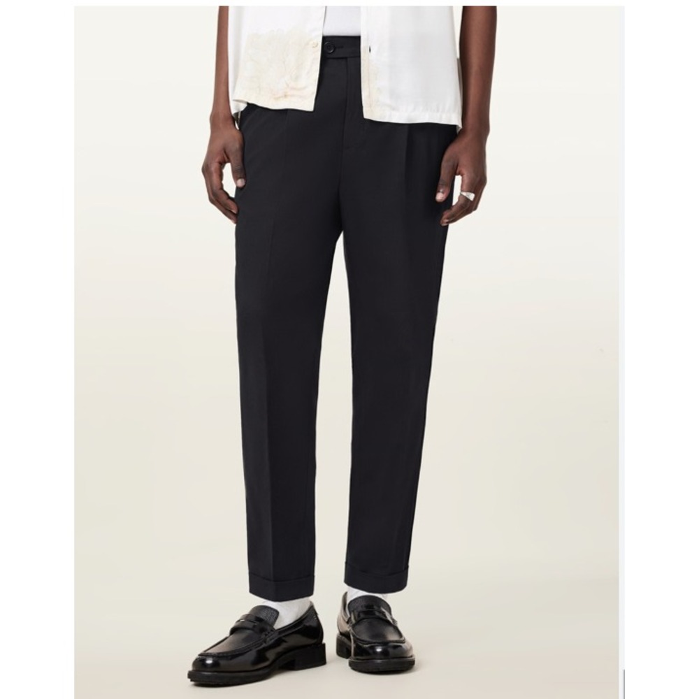 AllSaints Tallis Trouser Mens 28 Black Pleated Tapered Cropped Fit Wool Blend